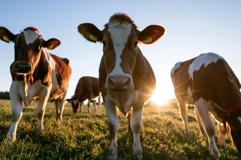 Brown and white dairy cows standing and grazing in a sunlit grassy pasture