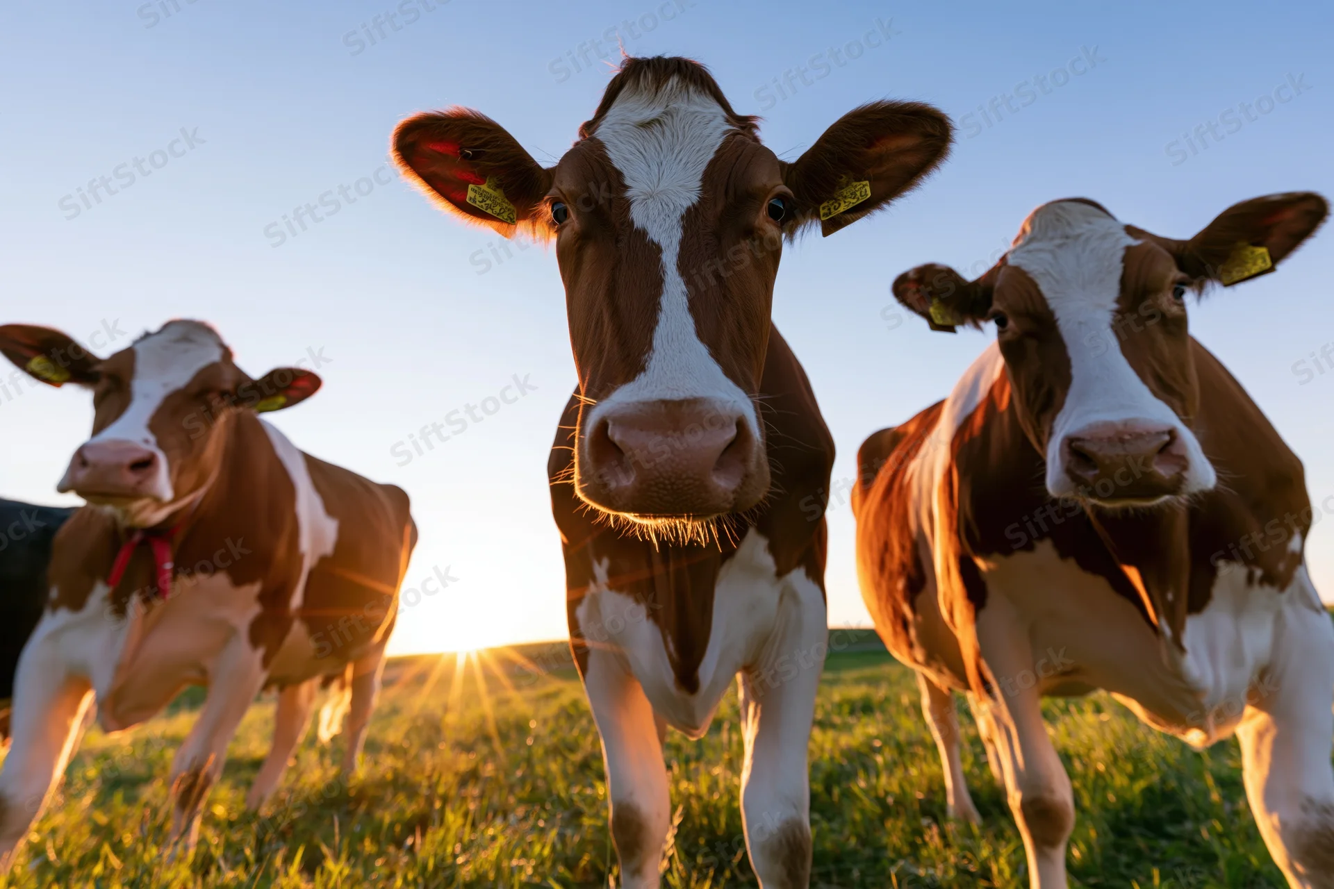 Three brown and white dairy cows standing in a grassy pasture at sunset