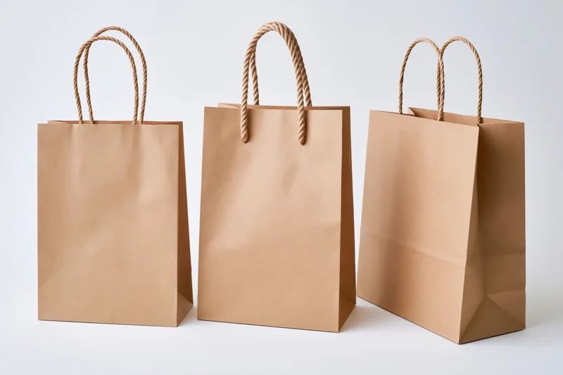 Three brown kraft paper shopping bags arranged side by side on white background