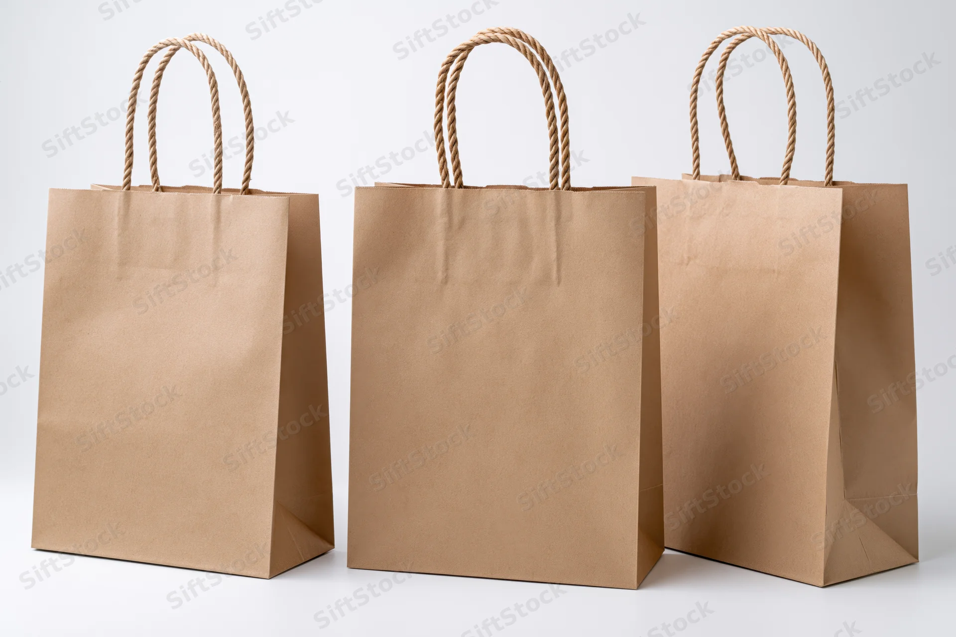 Three brown kraft paper shopping bags arranged side by side on white background