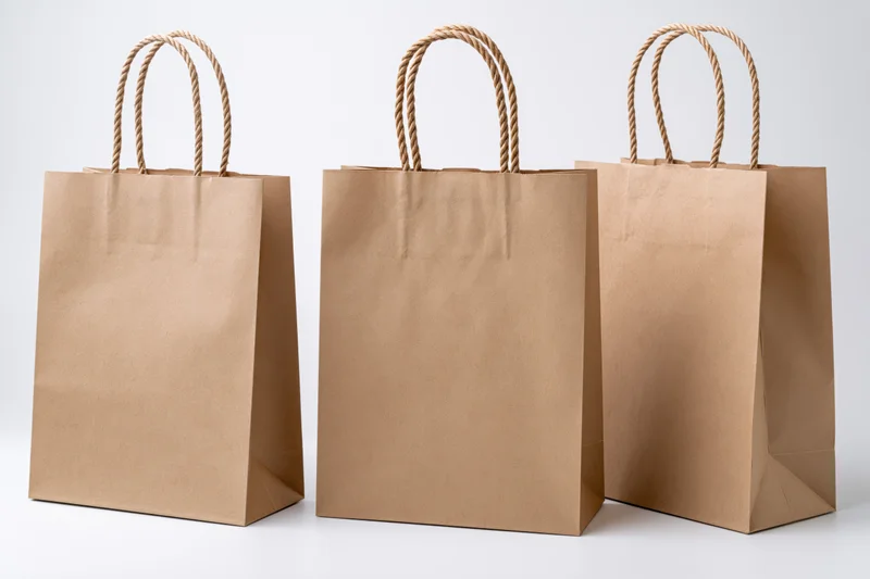 Three brown kraft paper shopping bags arranged side by side on white background