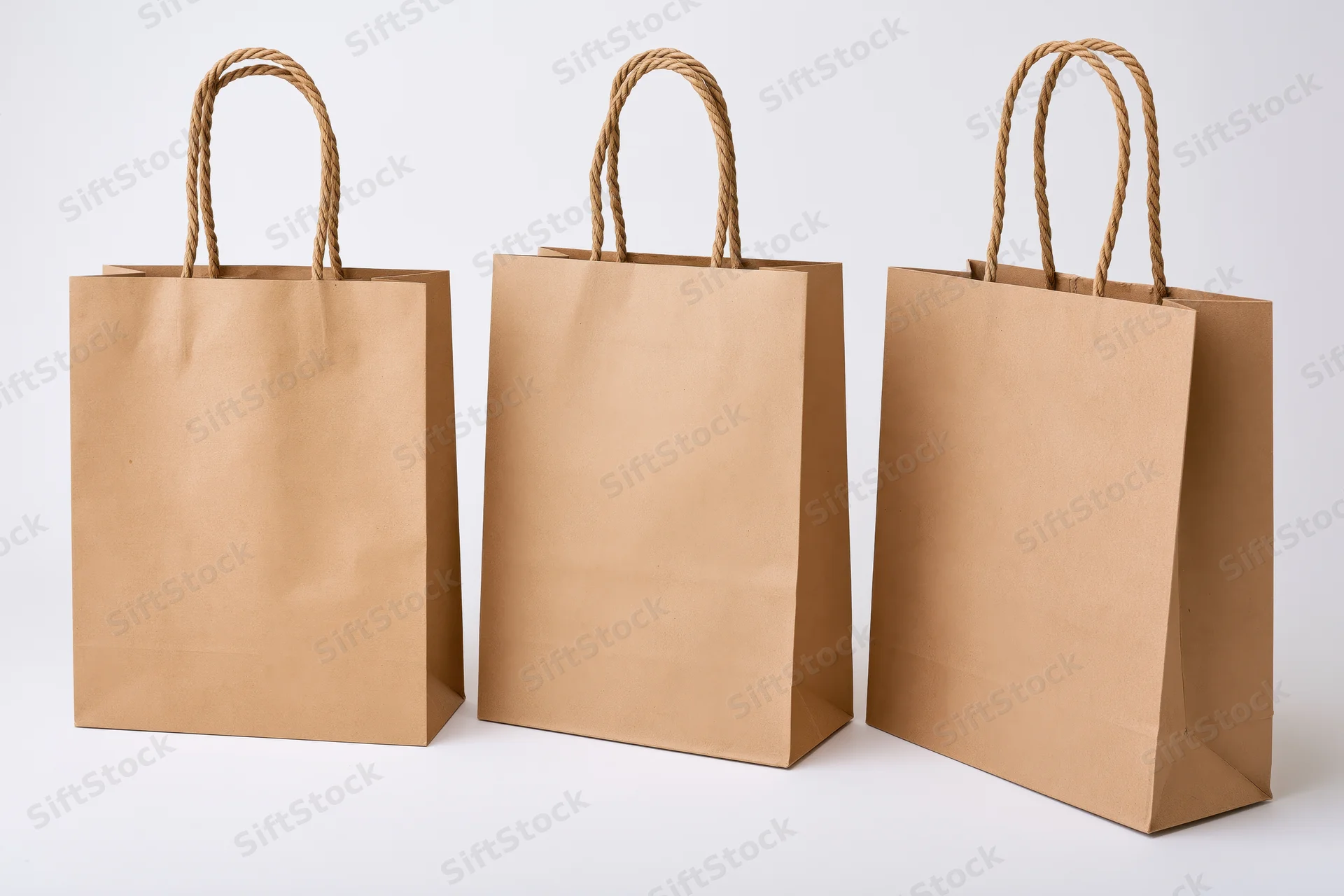 Three brown kraft paper shopping bags arranged side by side on white background