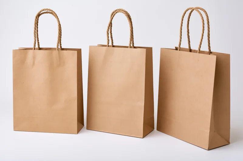 Three brown kraft paper shopping bags arranged side by side on white background