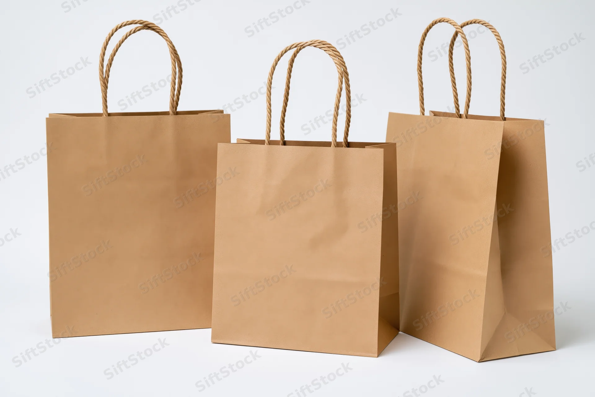 Three brown kraft paper shopping bags arranged side by side on white background