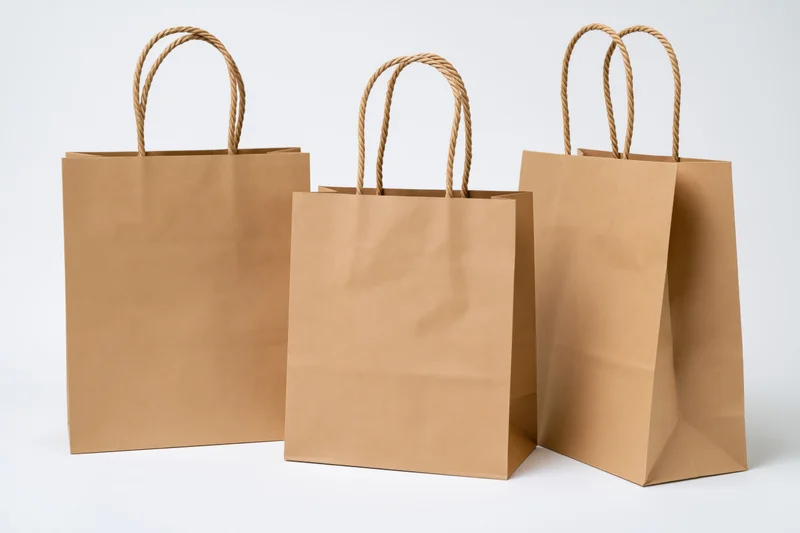 Three brown kraft paper shopping bags arranged side by side on white background