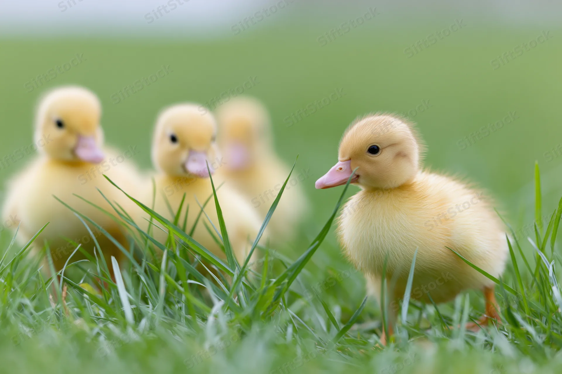 Fluffy yellow ducklings walking through tall green grass in a field