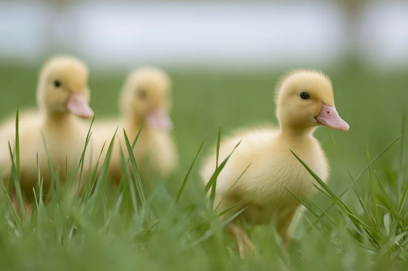 Three fluffy yellow ducklings walking through tall green grass