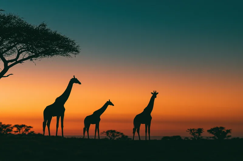 Three giraffes silhouetted against an african savanna sunset