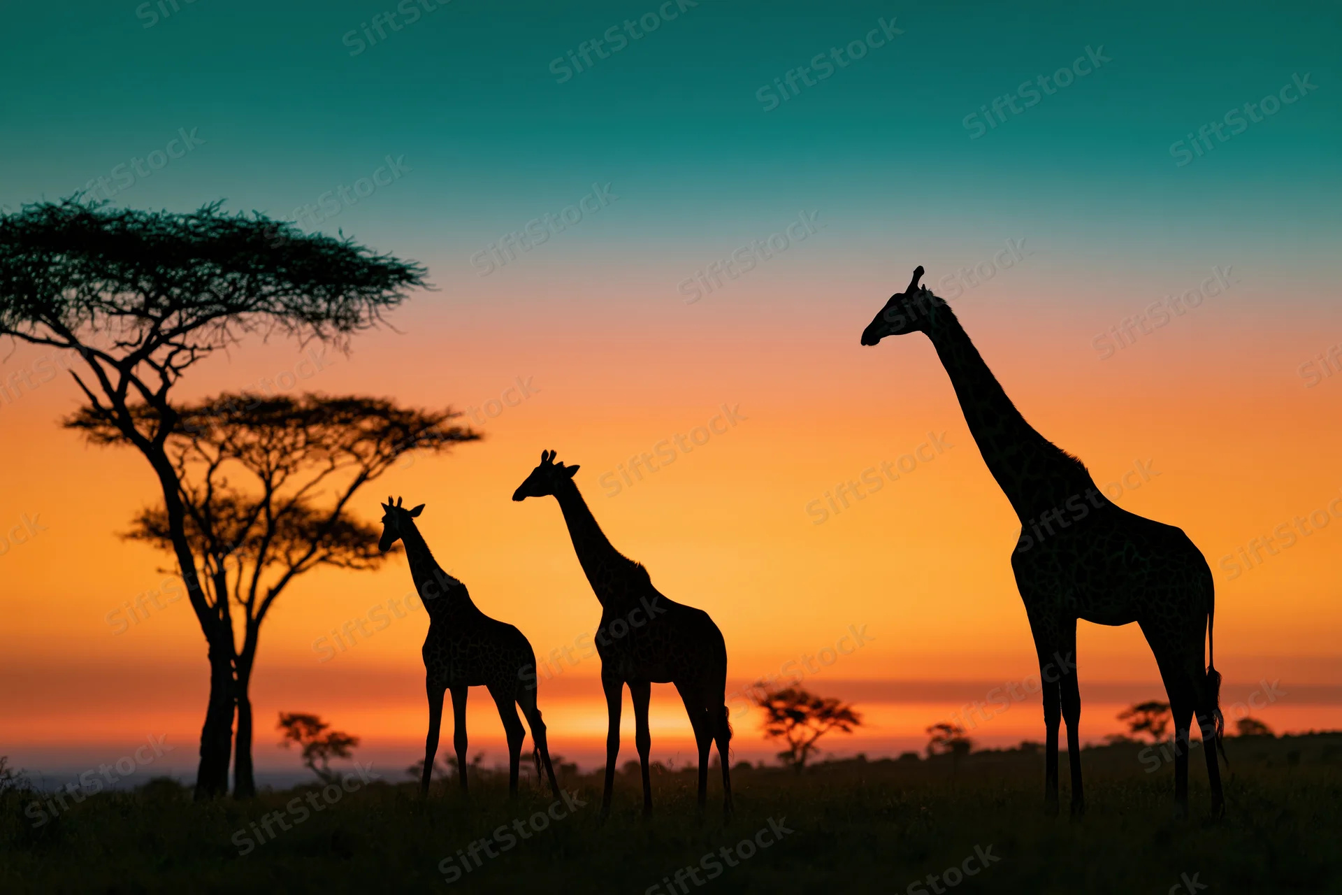 Three giraffes silhouetted against an african savanna sunset
