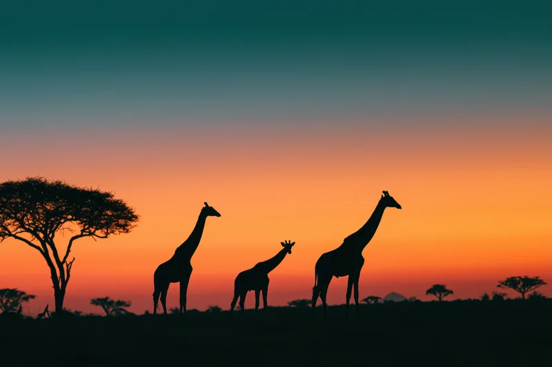 Three giraffes silhouetted against an african savanna sunset