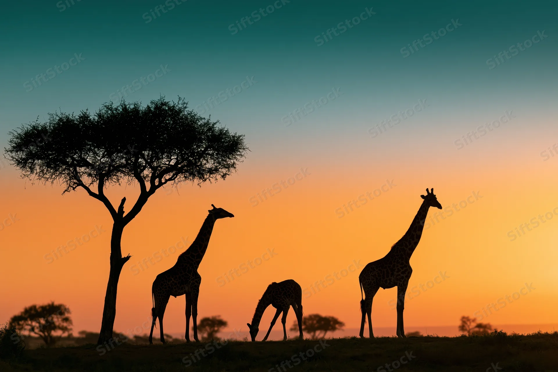 Three giraffes silhouetted against an african savanna sunset