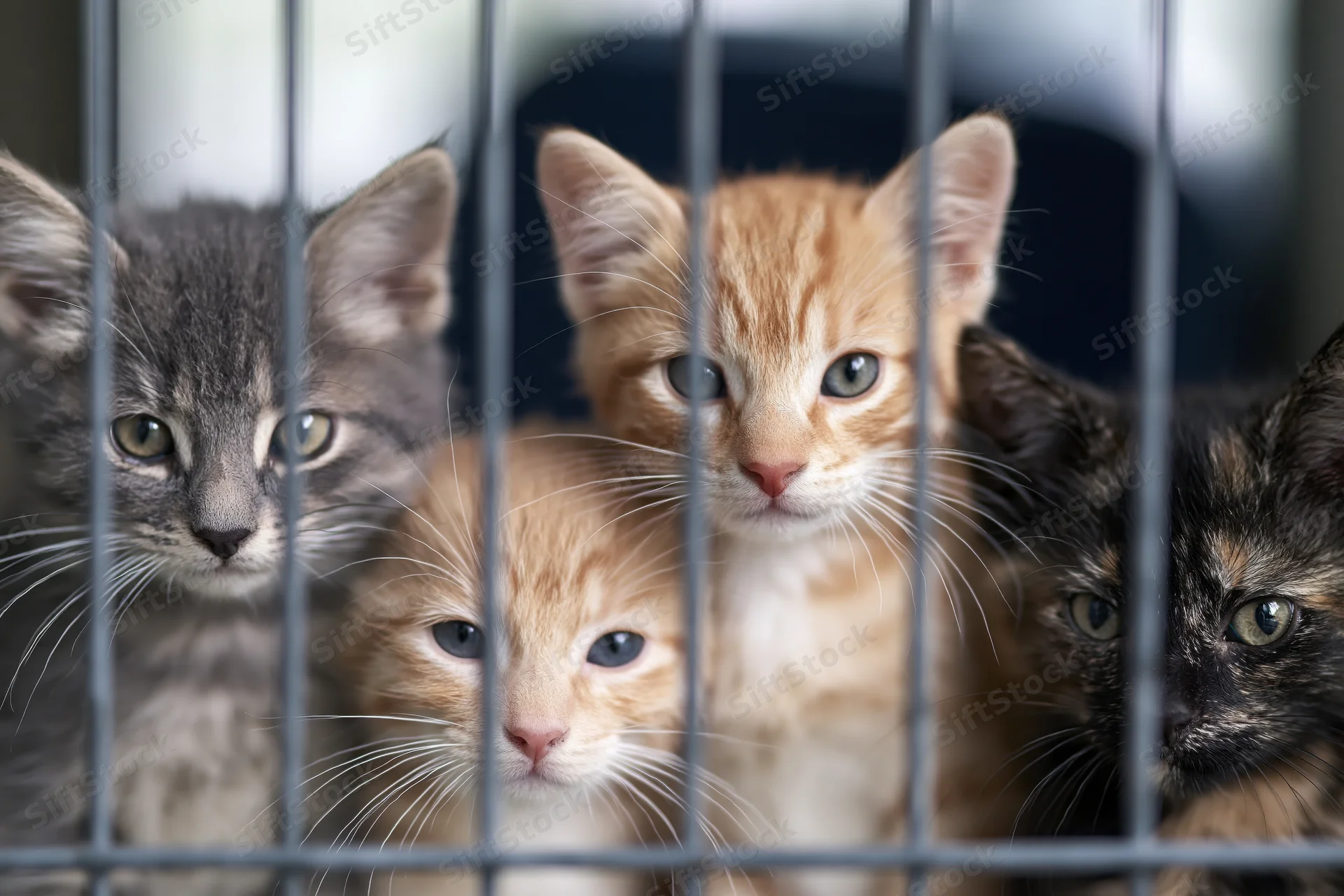 Four kittens with gray, orange, and tortoiseshell fur looking through metal cage bars