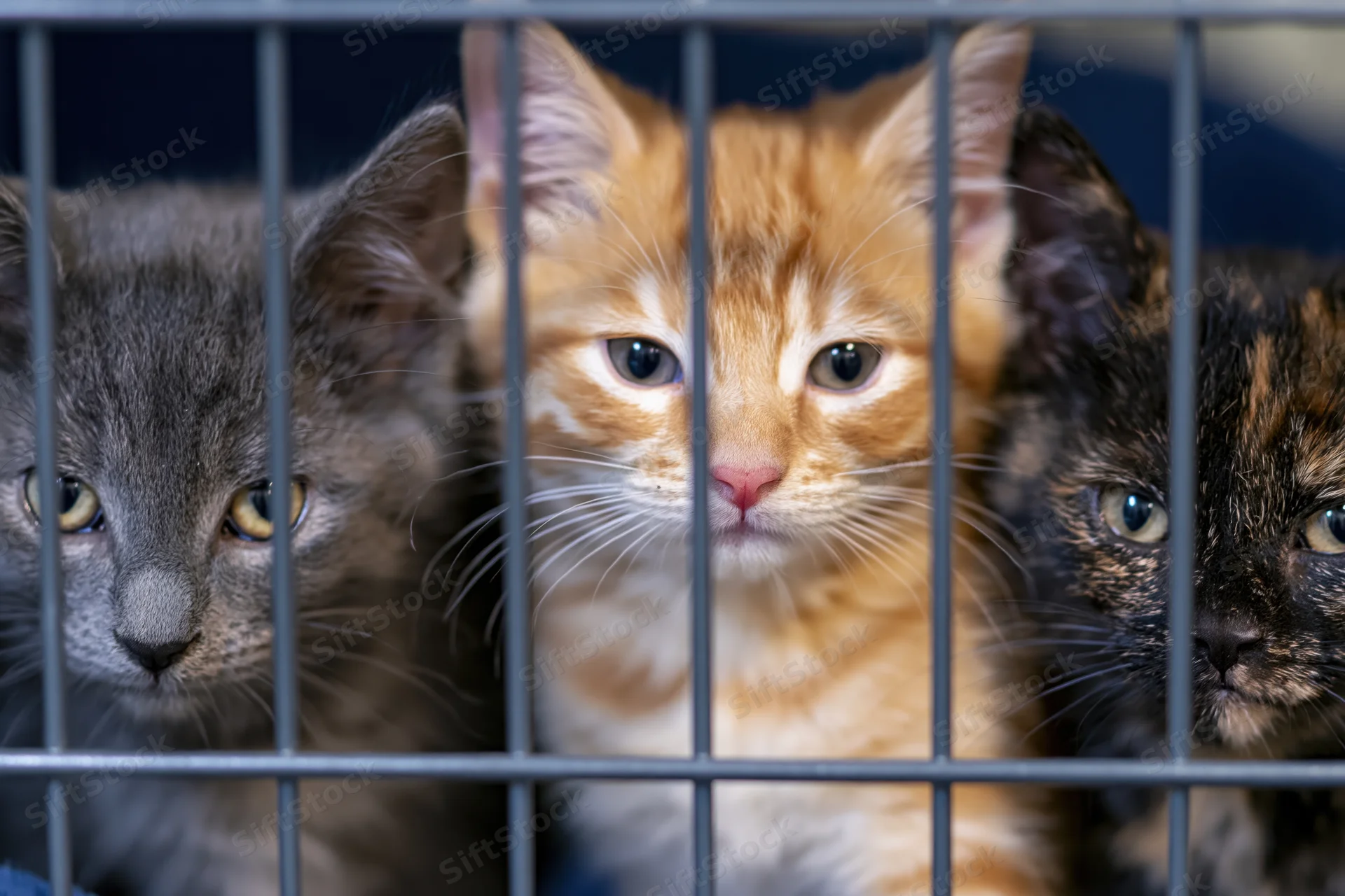 Three kittens with tabby, orange, and dark tortoiseshell fur looking through cage bars in a shelter setting