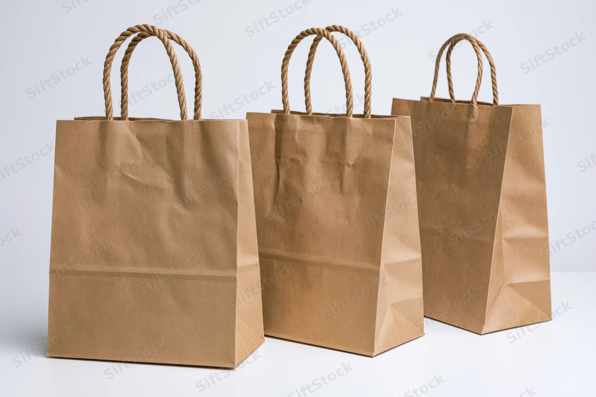 Three kraft paper shopping bags arranged side by side on white surface