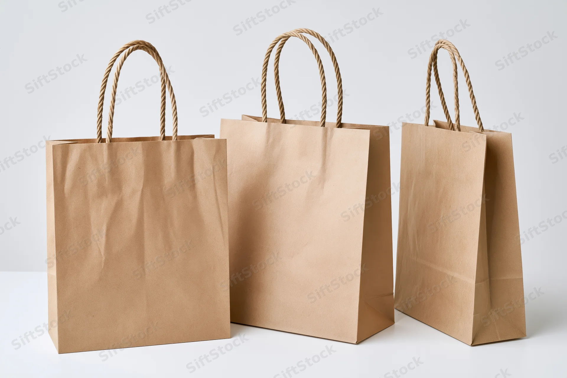 Three kraft paper shopping bags arranged side by side on a white surface