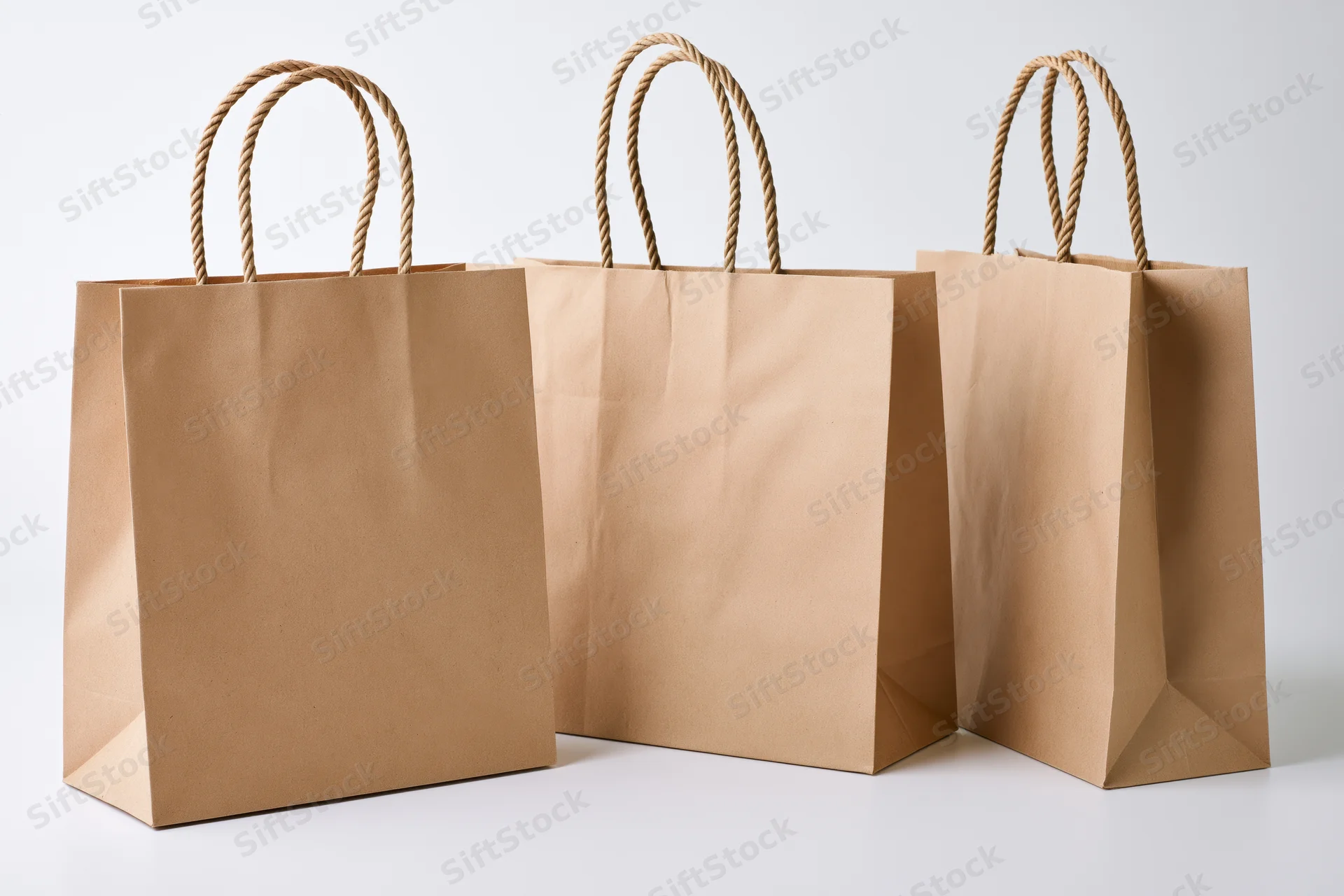 Three kraft paper shopping bags arranged side by side on white surface
