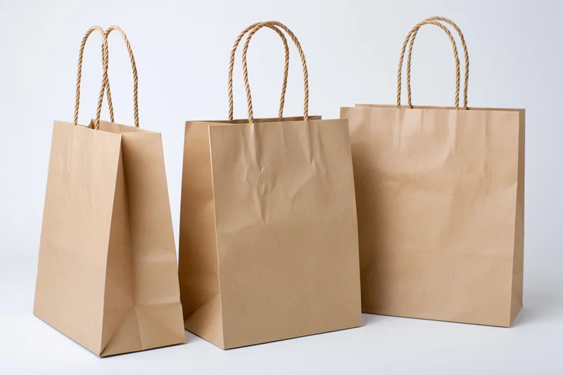 Three kraft paper shopping bags with twisted rope handles arranged side by side on white background