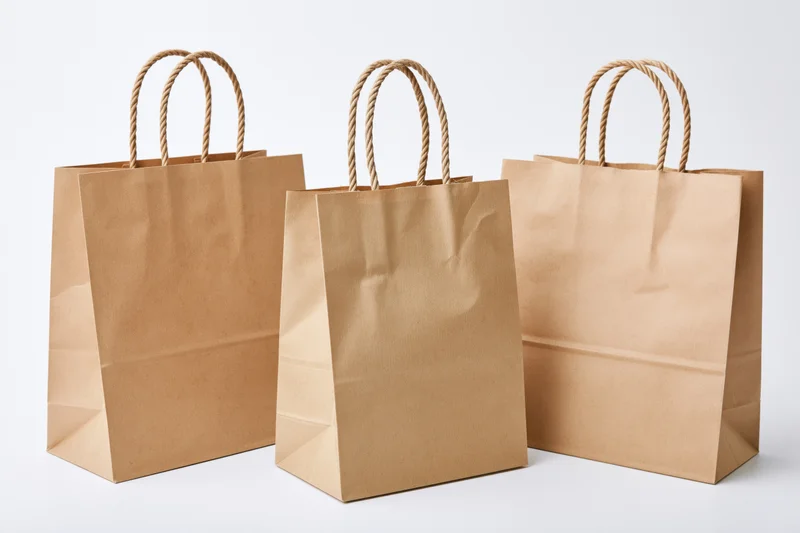 Three kraft paper shopping bags arranged side by side on white background