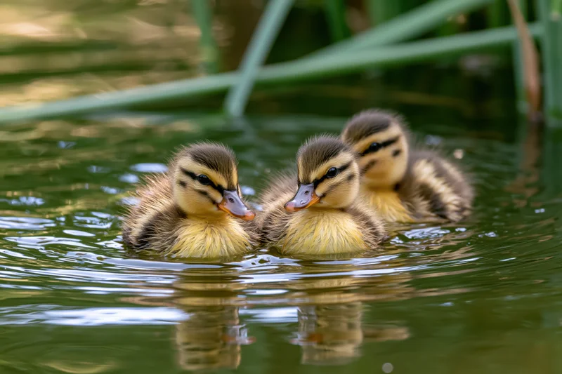 Three mallard ducklings swimming together on calm pond surface with reeds in background