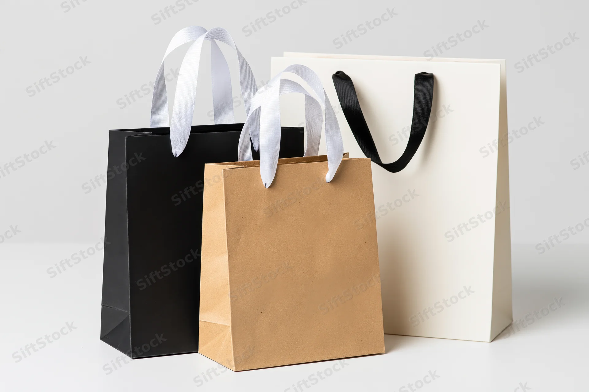 Three paper shopping bags arranged together on a plain white surface
