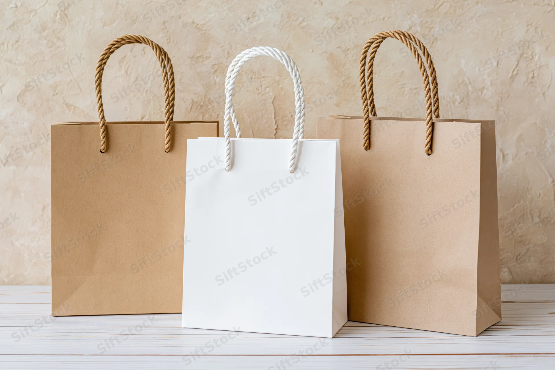 Three plain paper shopping bags with rope handles arranged on a white wooden surface