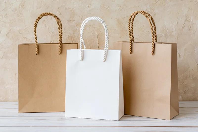 Three plain paper shopping bags with rope handles arranged on a white wooden surface