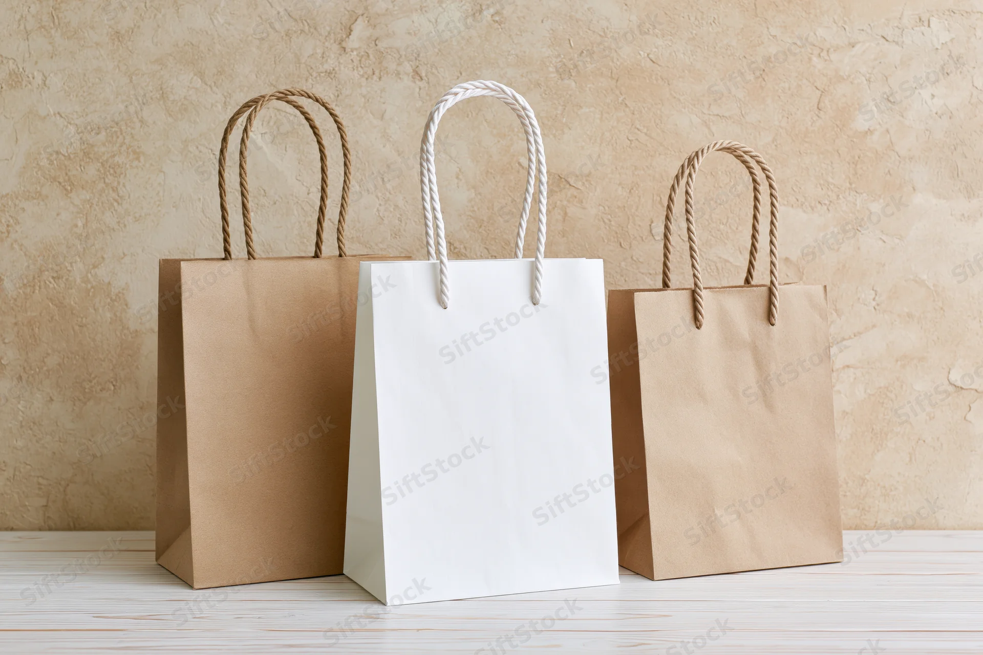 Three plain paper shopping bags arranged on a white wooden surface