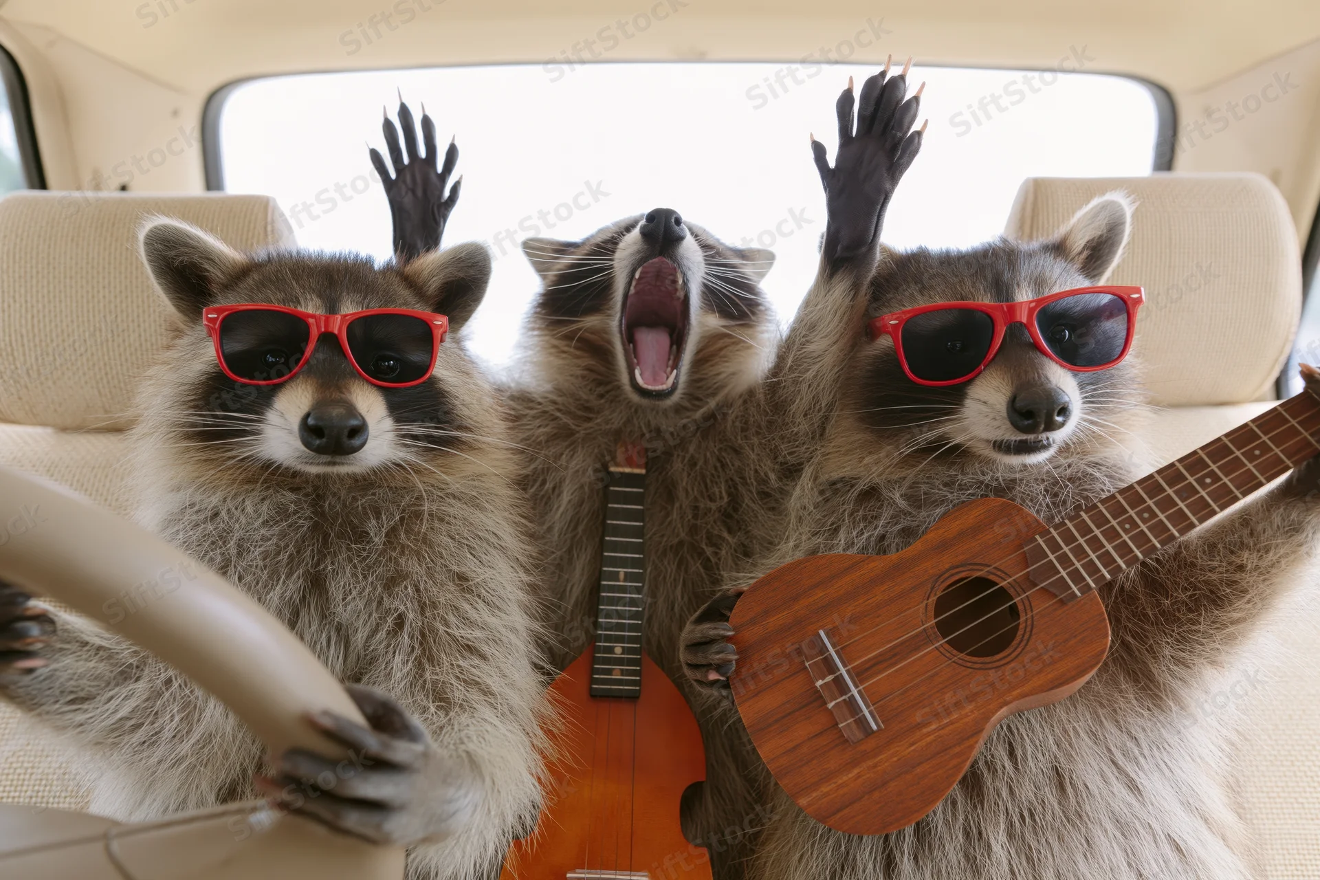 Three raccoons in car interior with sunglasses and ukuleles, one driving, one singing, one playing guitar