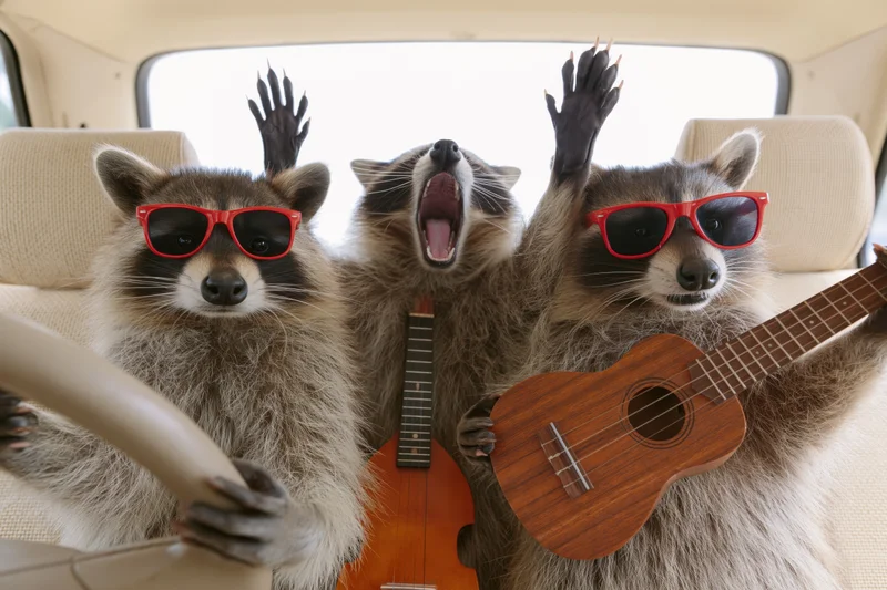 Three raccoons in car interior with sunglasses and ukuleles, one driving, one singing, one playing guitar