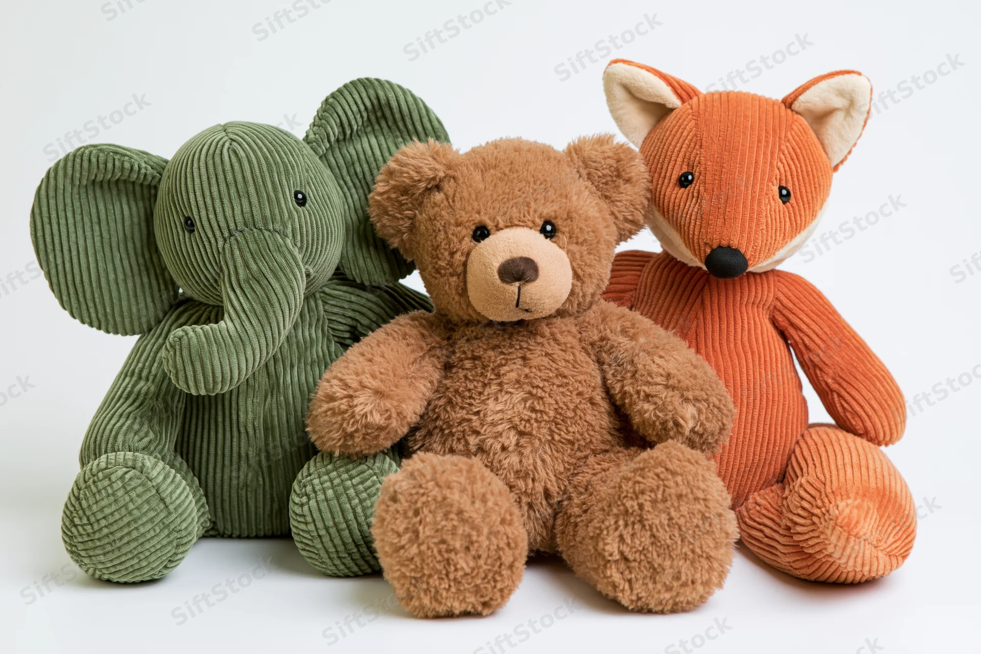 Three stuffed animal toys arranged together on a plain white background