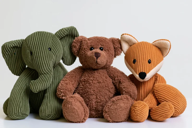 Three stuffed animal toys — an elephant, bear and fox — arranged together on a plain white surface