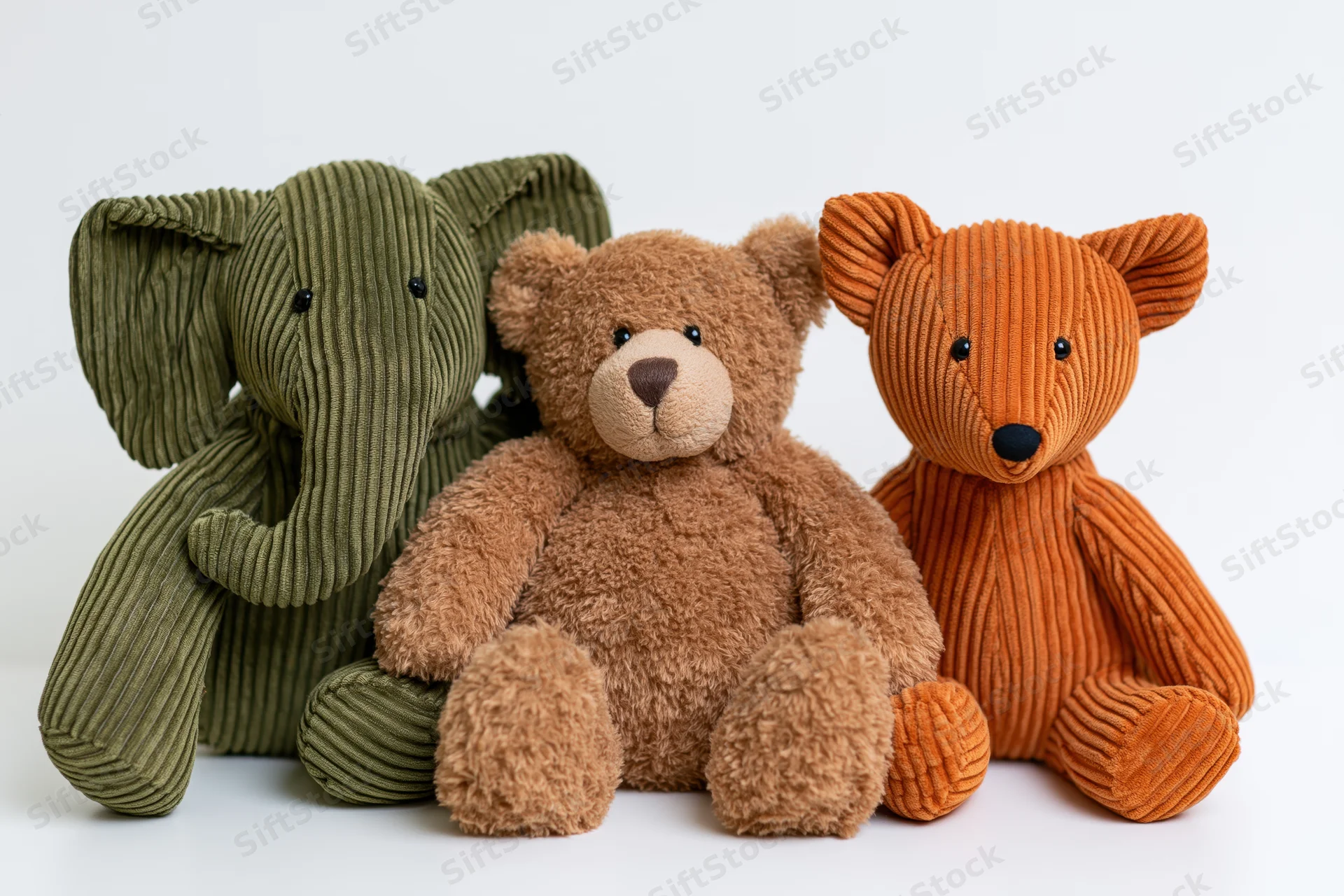 Three stuffed animals including a corduroy elephant and two teddy bears arranged together on a white surface