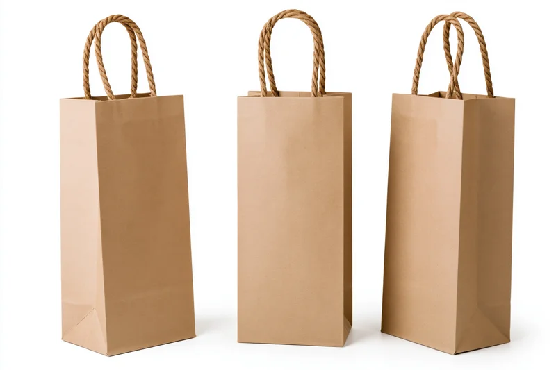 Three tall kraft paper gift bags with twisted rope handles on white background