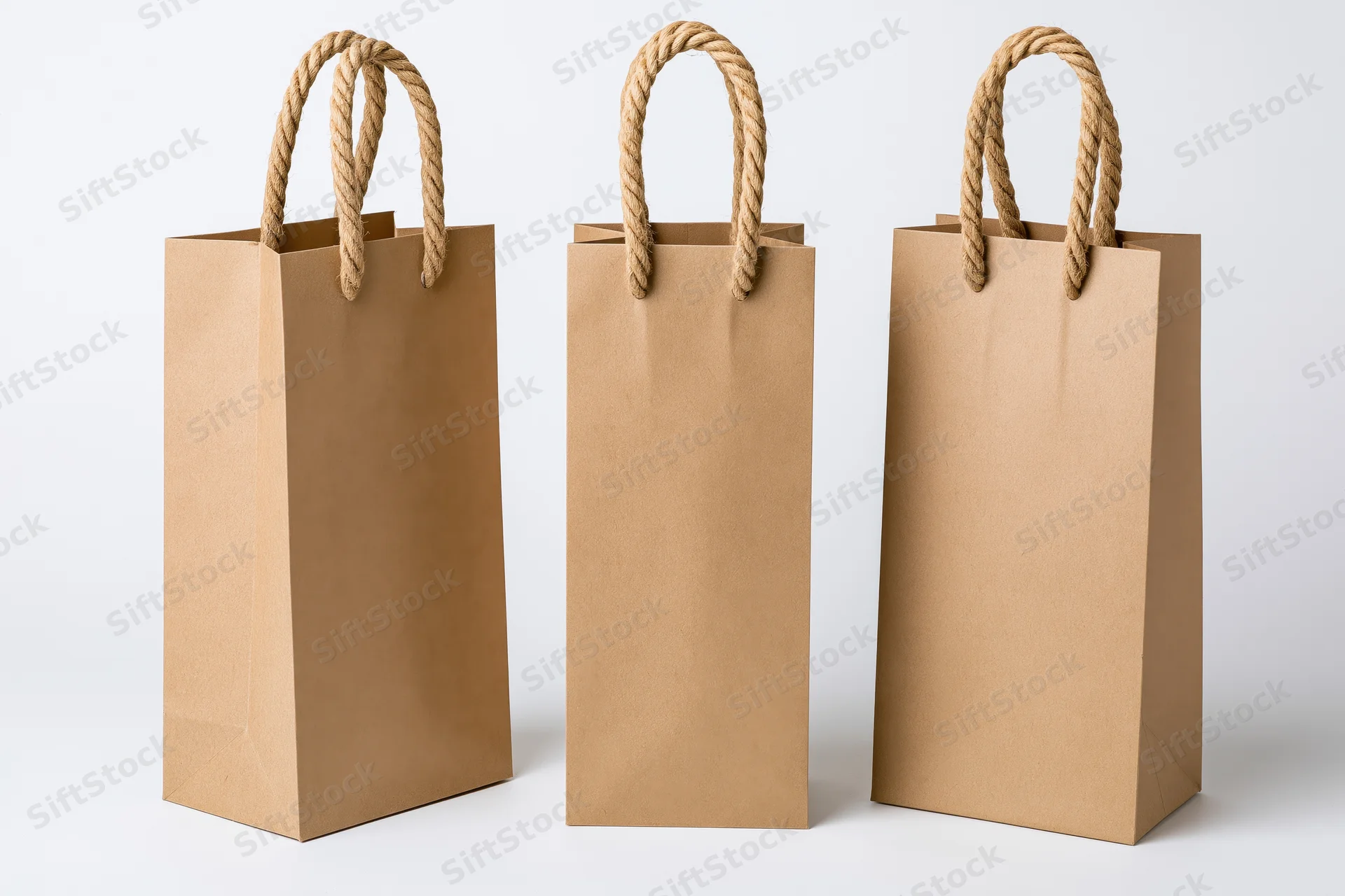 Three tall kraft paper gift bags with twisted rope handles on white background