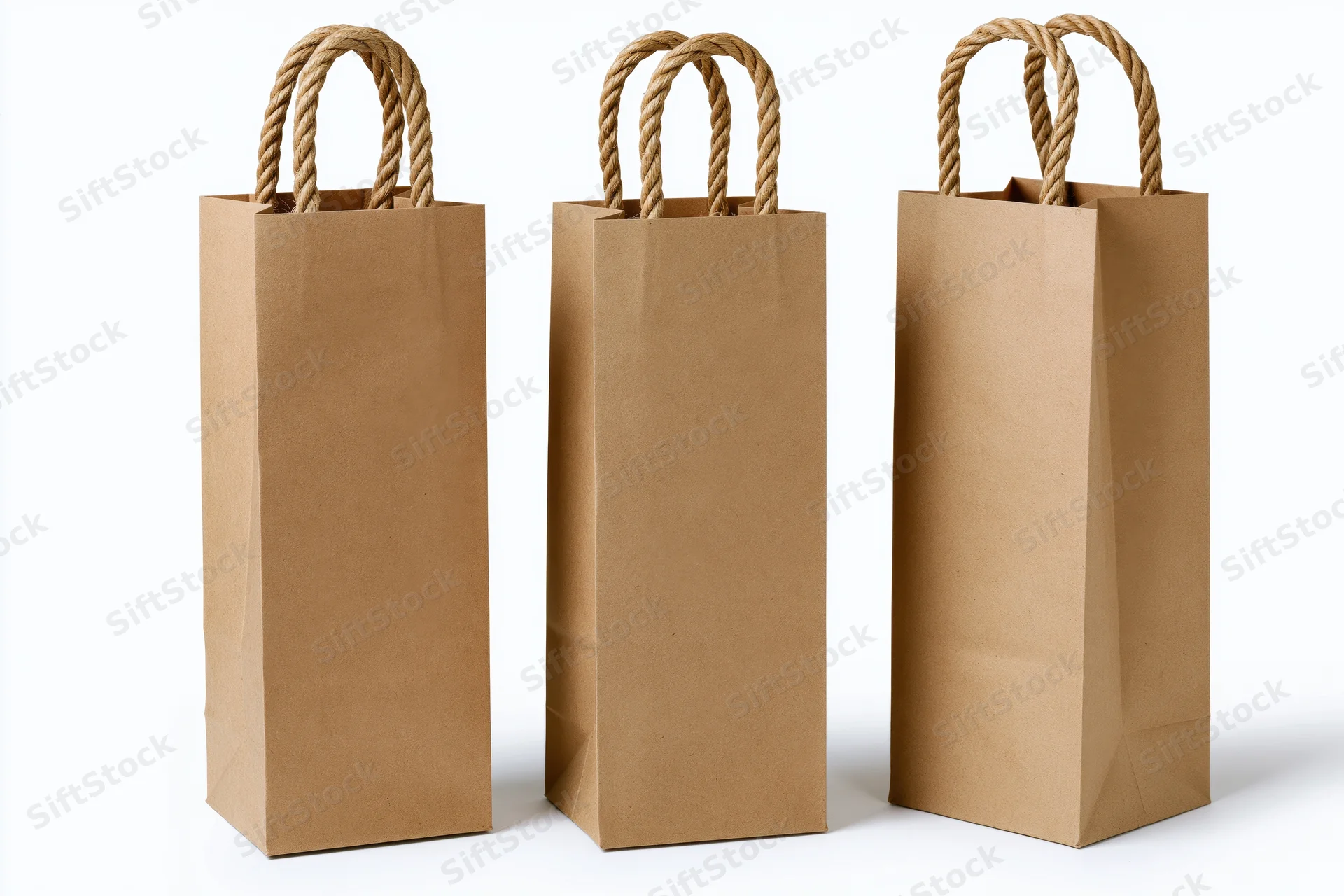 Three tall kraft paper wine gift bags with twisted rope handles standing on white background