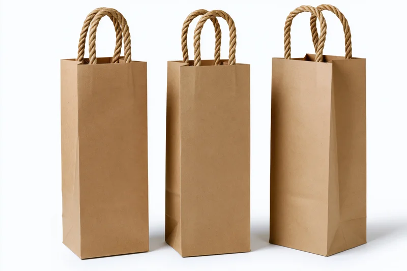 Three tall kraft paper gift bags with twisted rope handles
