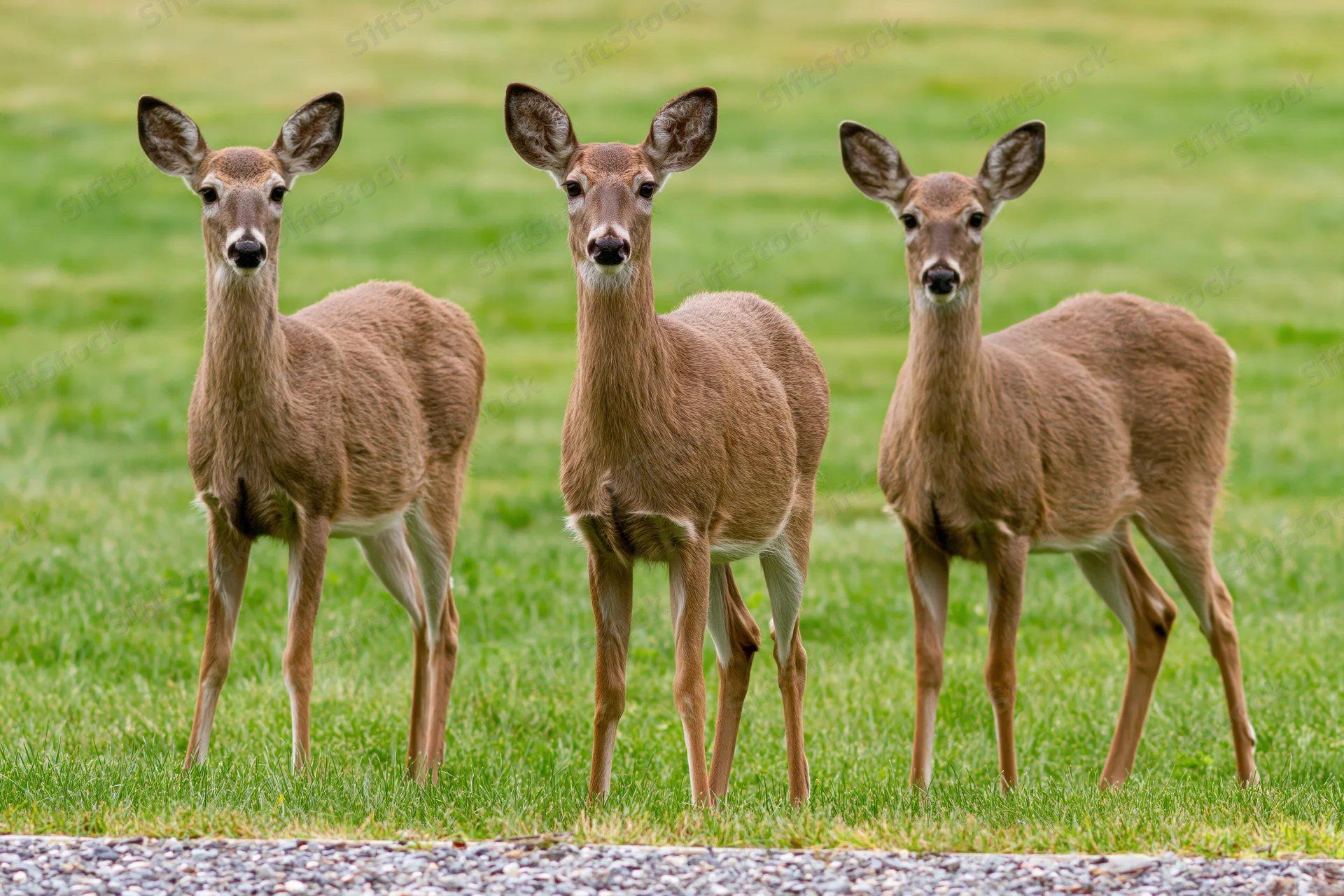Three white-tailed deer standing alert on a grassy lawn