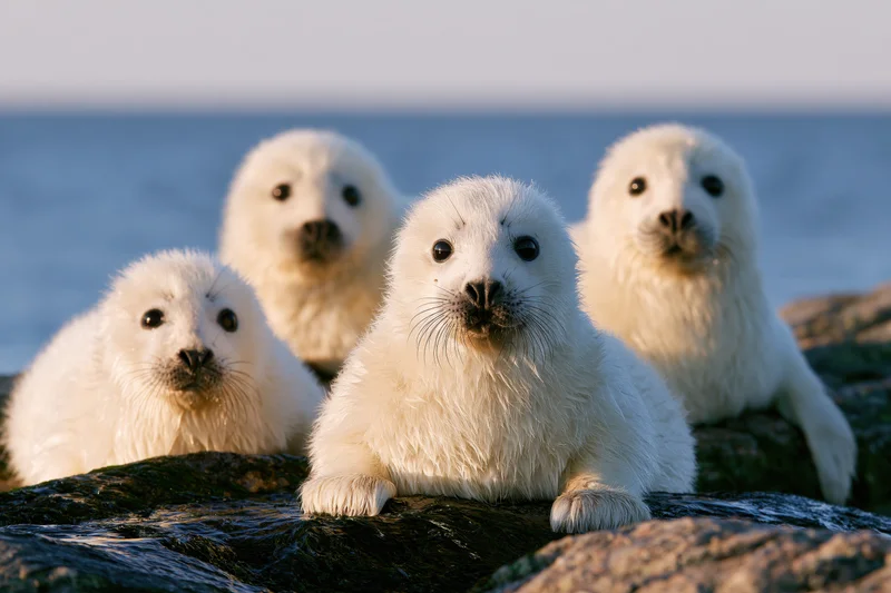 Four white harp seal pups resting on wet coastal rocks facing forward