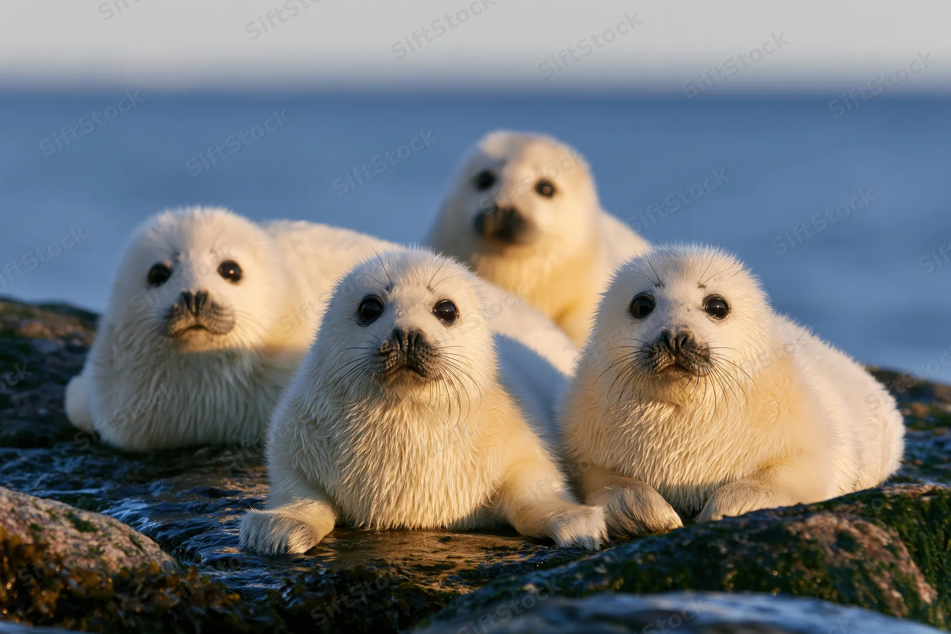 Four white harp seal pups resting on wet coastal rocks by the ocean