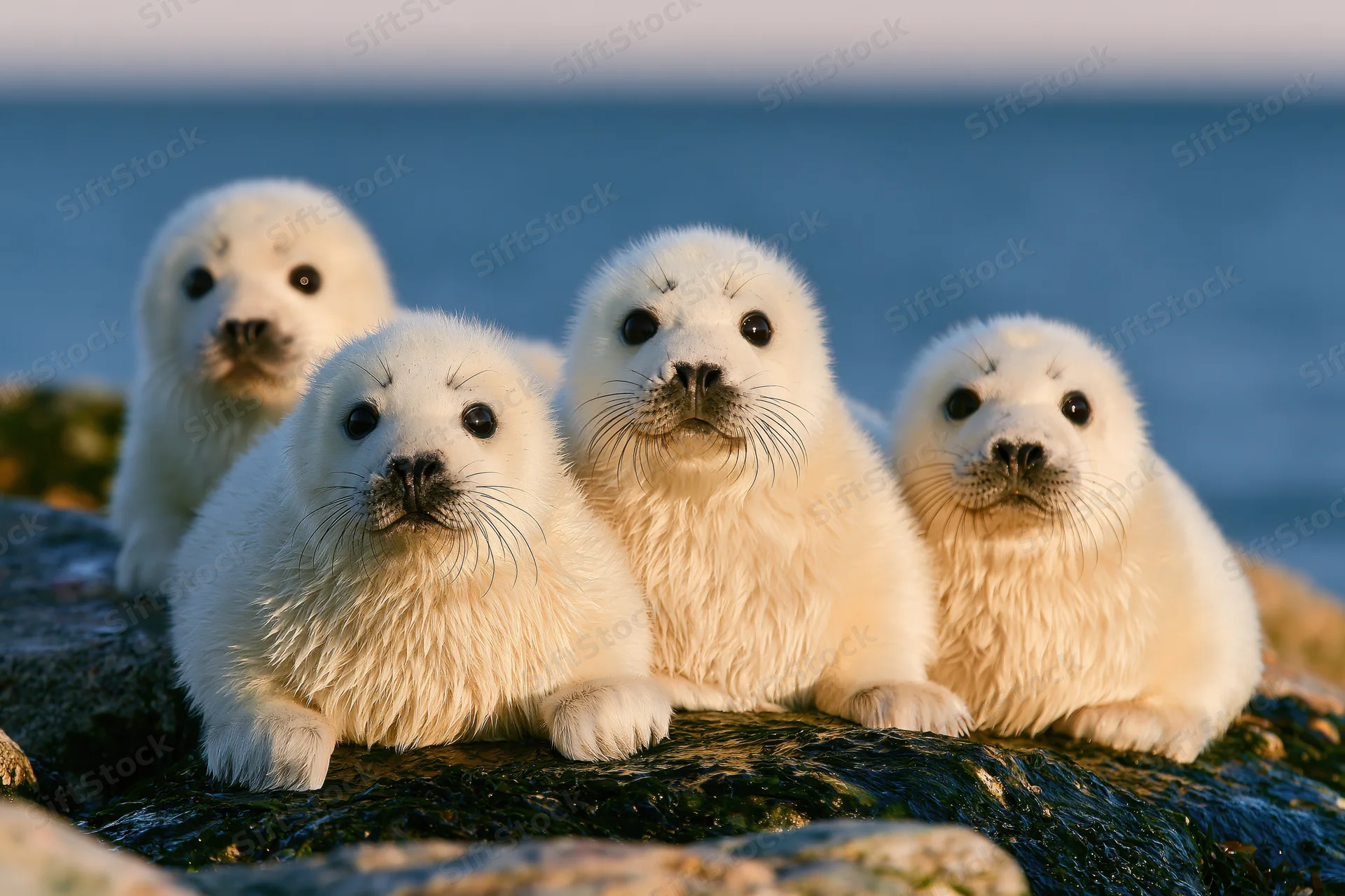 Four white harp seal pups resting on wet coastal rocks facing forward