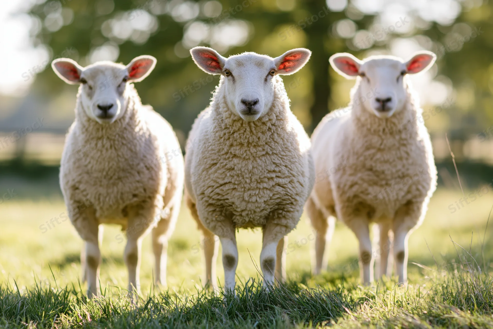 Three white wool sheep standing together on a green grass field in a sunlit pasture