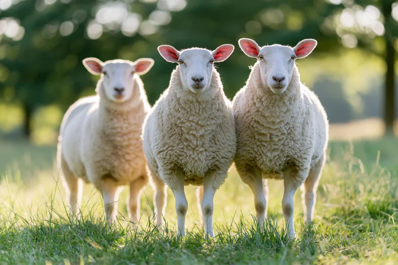 Three white wool sheep standing together on a green grass field