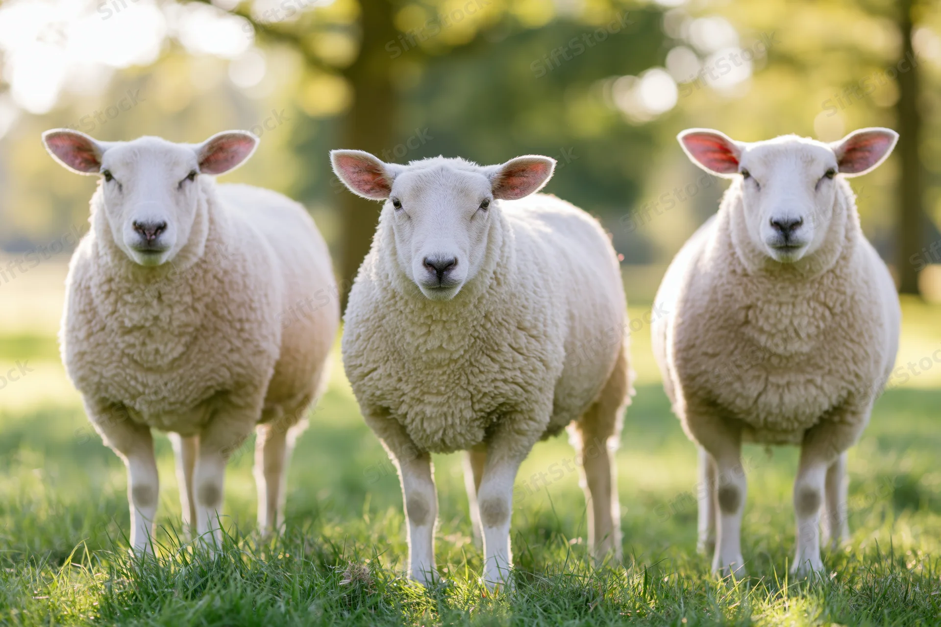 Three white wool sheep standing together on a green grass field