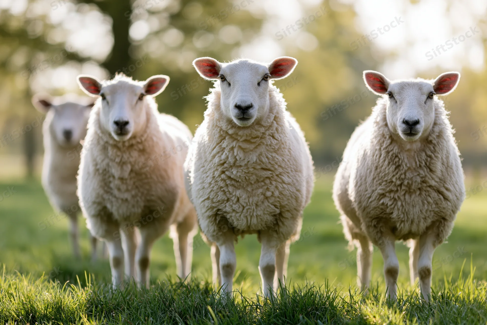 Three white wool sheep standing together on a green grass field