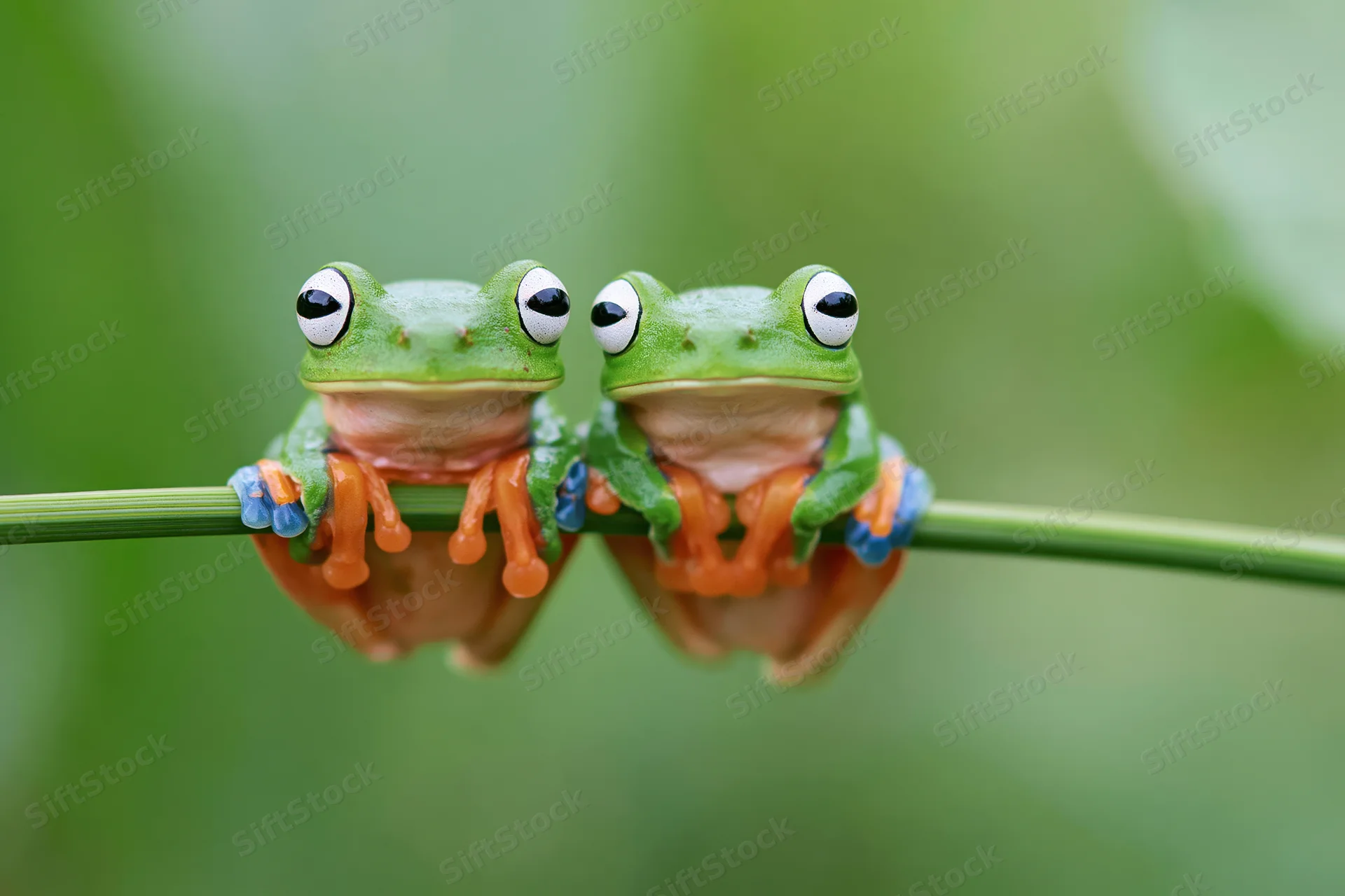 Two javan gliding tree frogs perched side by side on a thin green stem in a lush natural setting