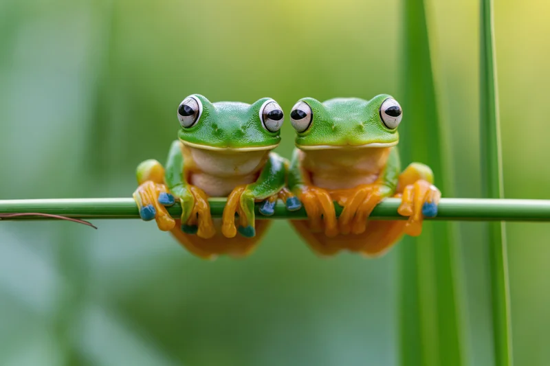 Two javan gliding tree frogs perched side by side on a thin green stem in a lush natural setting