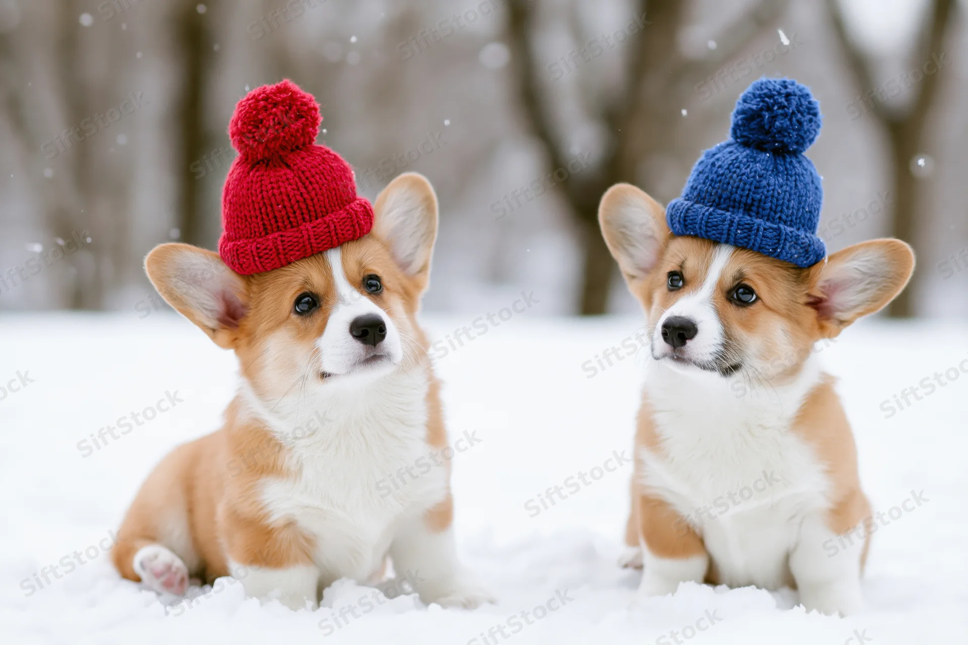 Two pembroke welsh corgi puppies sitting side by side in snow wearing knit hats