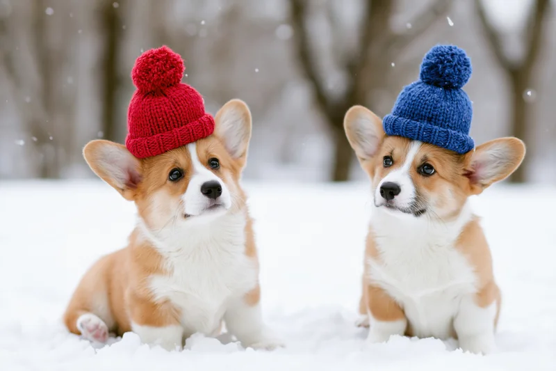 Two pembroke welsh corgi puppies sitting side by side in snow wearing knit hats