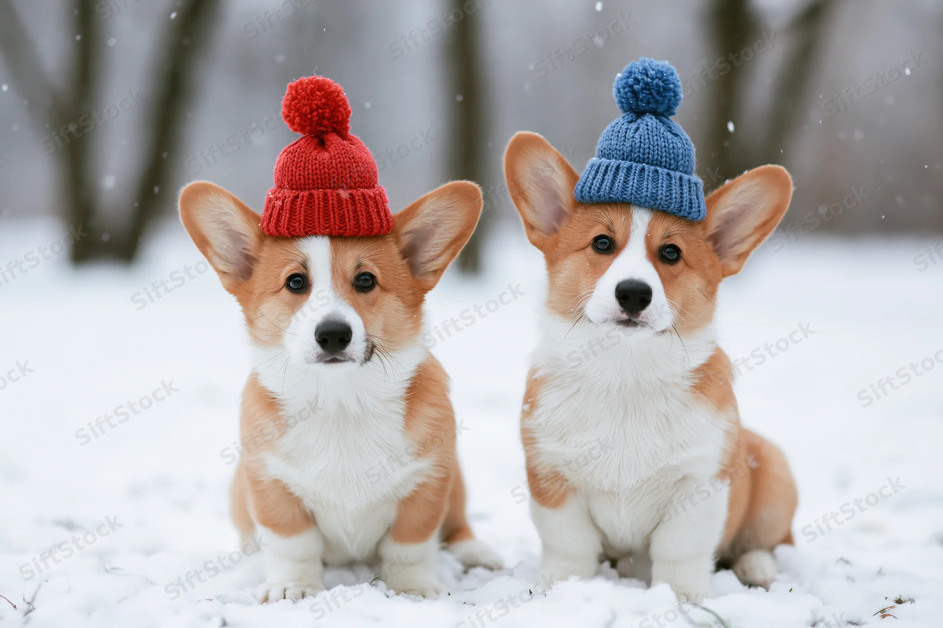 Two pembroke welsh corgi puppies sitting side by side in snow wearing knit hats