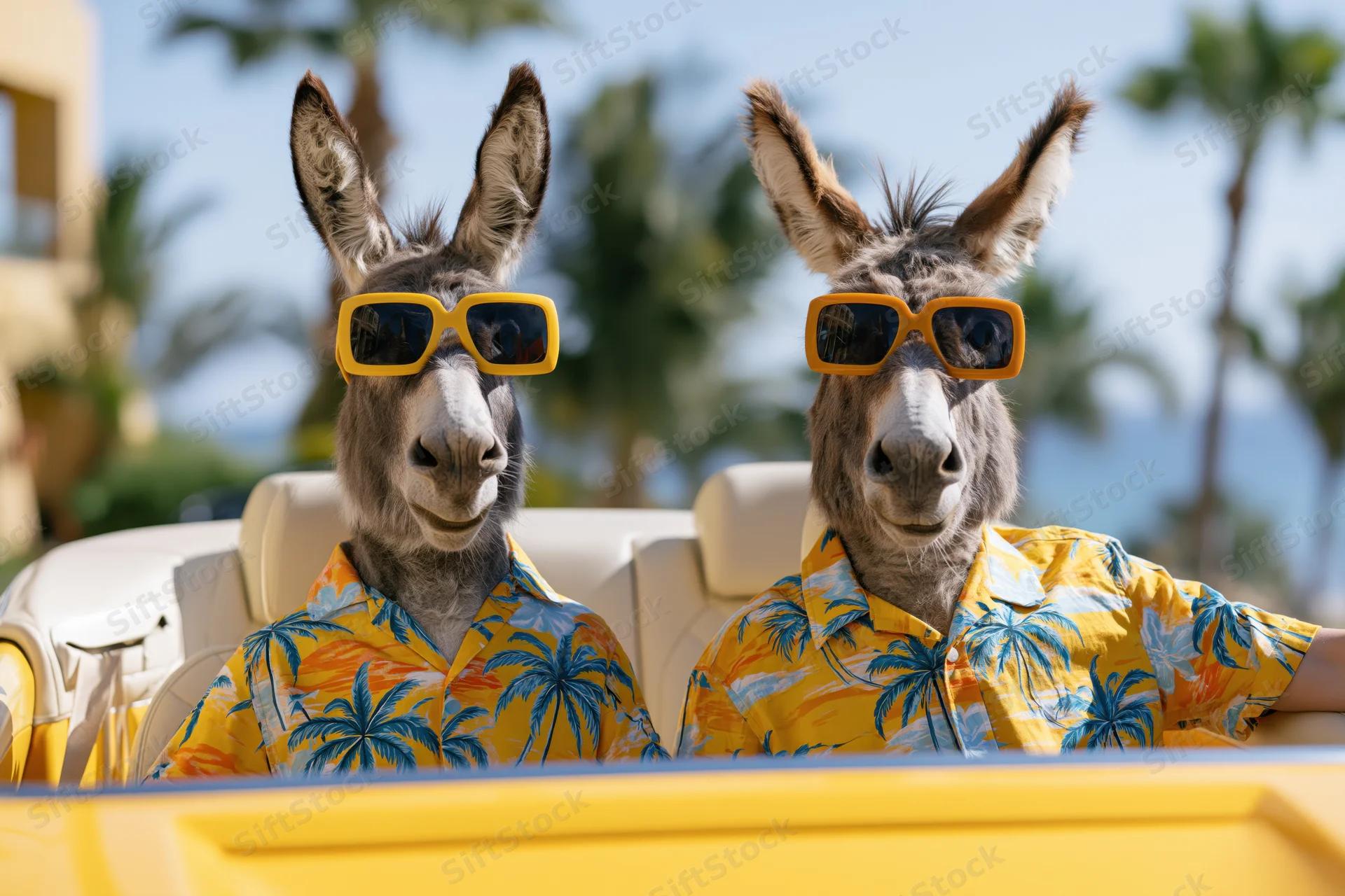 Two anthropomorphic donkeys wearing hawaiian shirts and sunglasses in a yellow convertible car on a beach road